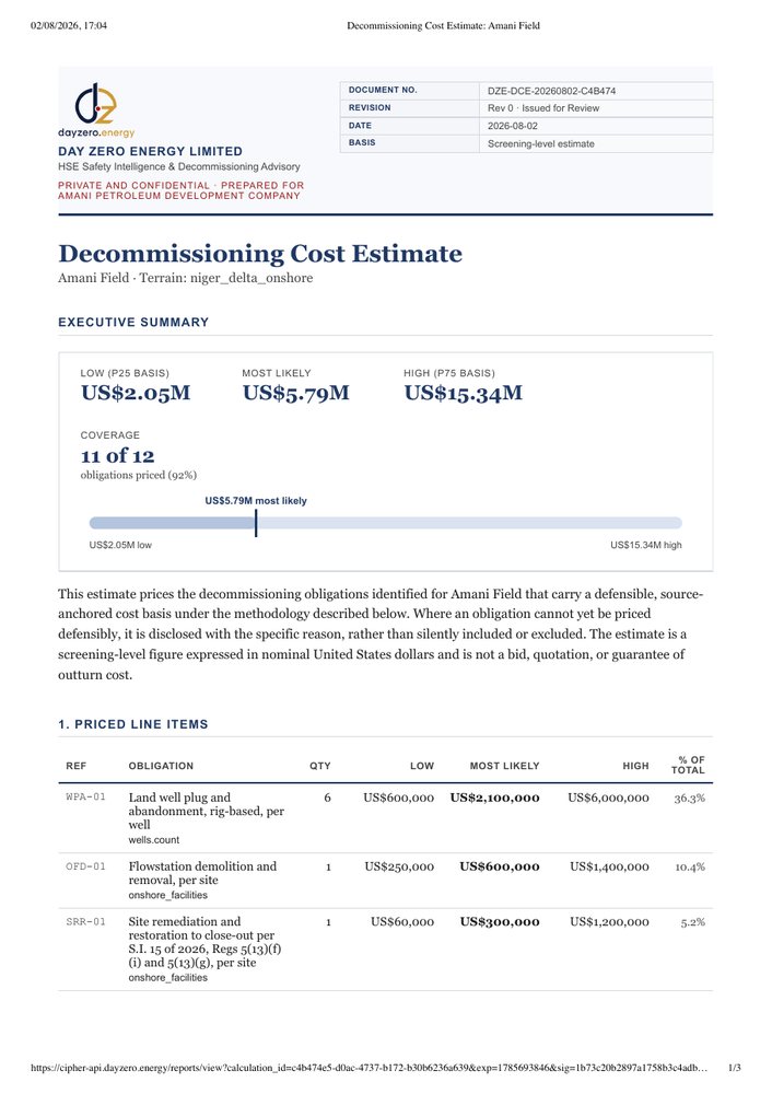 Specimen decommissioning and abandonment cost estimate, page one